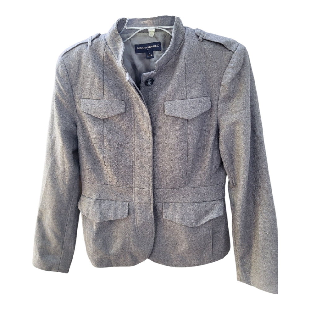 Banana Republic Grey Buttoned Wool Nehru Military Style Jacket  - Size 6 - Picture 2 of 6